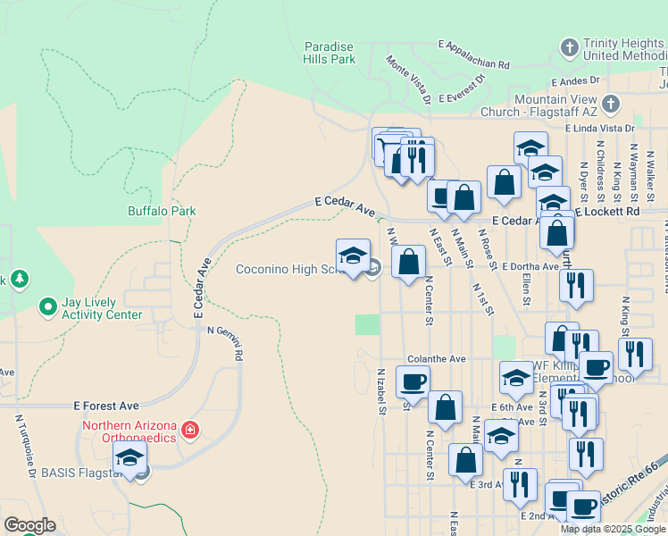map of restaurants, bars, coffee shops, grocery stores, and more near 2801 North Izabel Street in Flagstaff