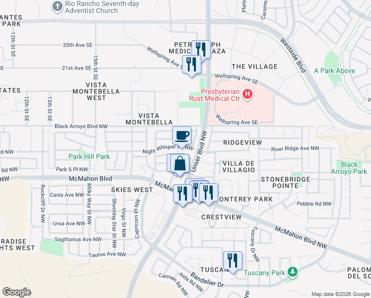 map of restaurants, bars, coffee shops, grocery stores, and more near 5740 Night Whisper Road Northwest in Albuquerque