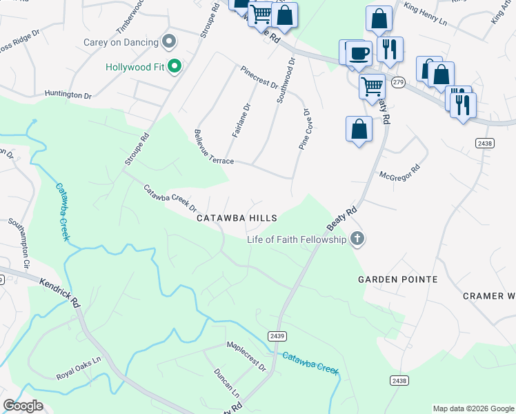 map of restaurants, bars, coffee shops, grocery stores, and more near 4049 Eastford Court in Gastonia