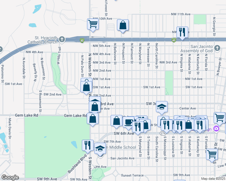 map of restaurants, bars, coffee shops, grocery stores, and more near 201 South Forest Street in Amarillo