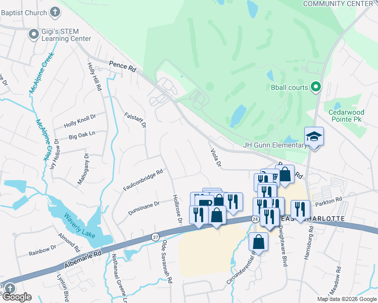 map of restaurants, bars, coffee shops, grocery stores, and more near 9027 Touchstone Lane in Charlotte