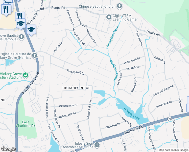 map of restaurants, bars, coffee shops, grocery stores, and more near 7608 Prindle Lake Drive in Charlotte