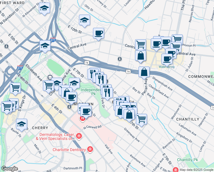 map of restaurants, bars, coffee shops, grocery stores, and more near 1721 East 7th Street in Charlotte