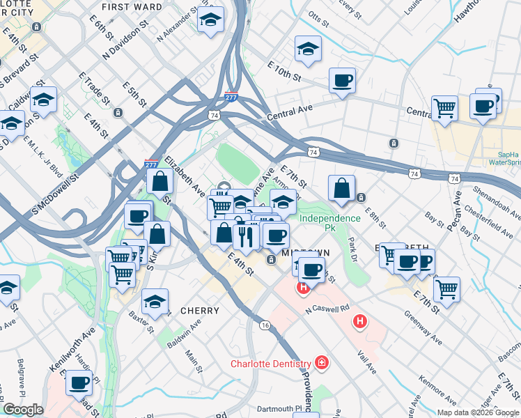 map of restaurants, bars, coffee shops, grocery stores, and more near in Charlotte