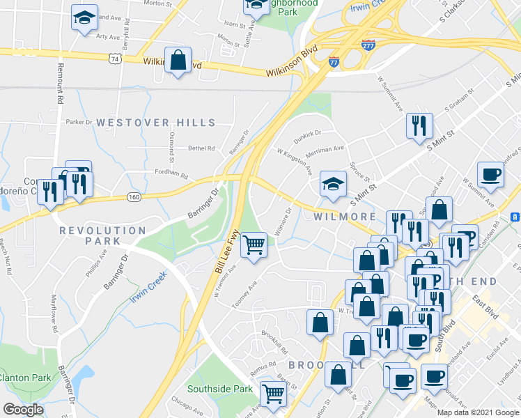 map of restaurants, bars, coffee shops, grocery stores, and more near 1311 Spruce Street in Charlotte