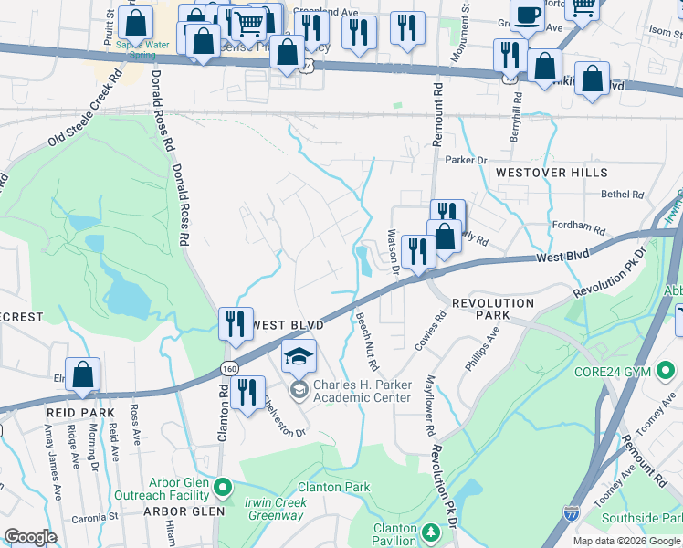 map of restaurants, bars, coffee shops, grocery stores, and more near 1800 West Boulevard in Charlotte