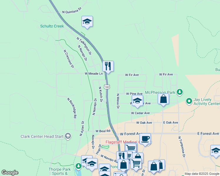 map of restaurants, bars, coffee shops, grocery stores, and more near 1718 North Fort Valley Road in Flagstaff