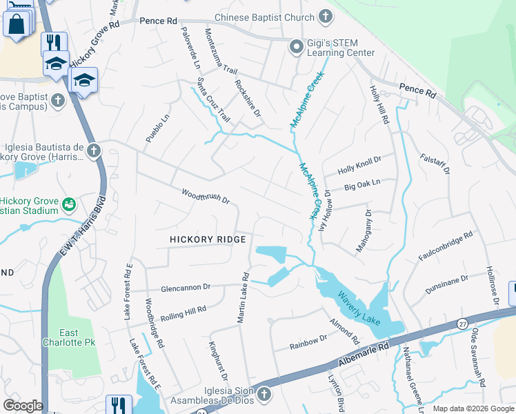 map of restaurants, bars, coffee shops, grocery stores, and more near 7608 Prindle Lake Drive in Charlotte