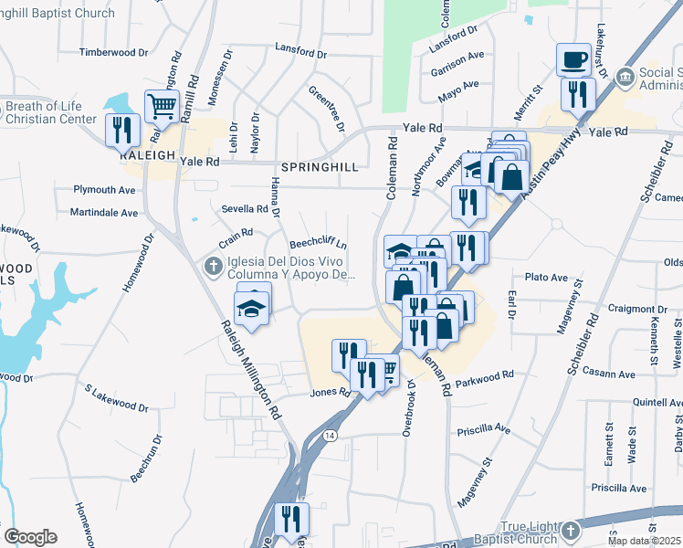 map of restaurants, bars, coffee shops, grocery stores, and more near 4314 Renners Road in Memphis