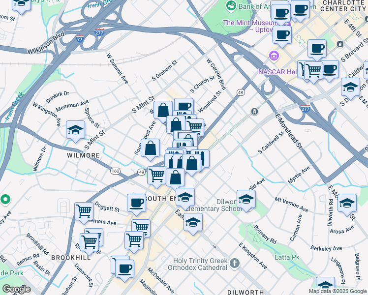 map of restaurants, bars, coffee shops, grocery stores, and more near 102 West Park Avenue in Charlotte