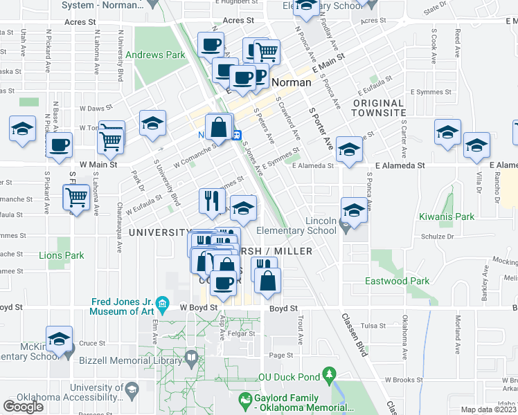 map of restaurants, bars, coffee shops, grocery stores, and more near 103 West Linn Street in Norman