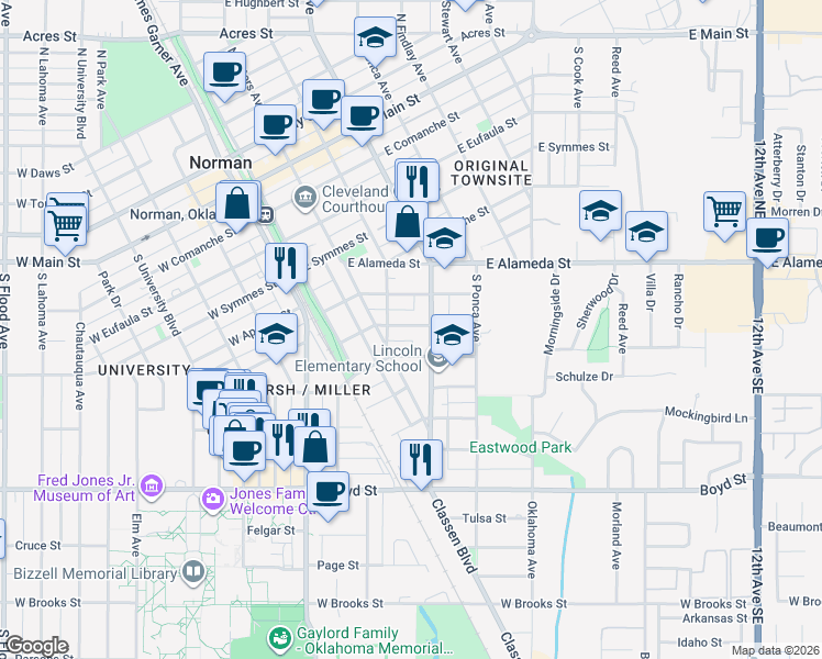map of restaurants, bars, coffee shops, grocery stores, and more near 320 Keith Street in Norman