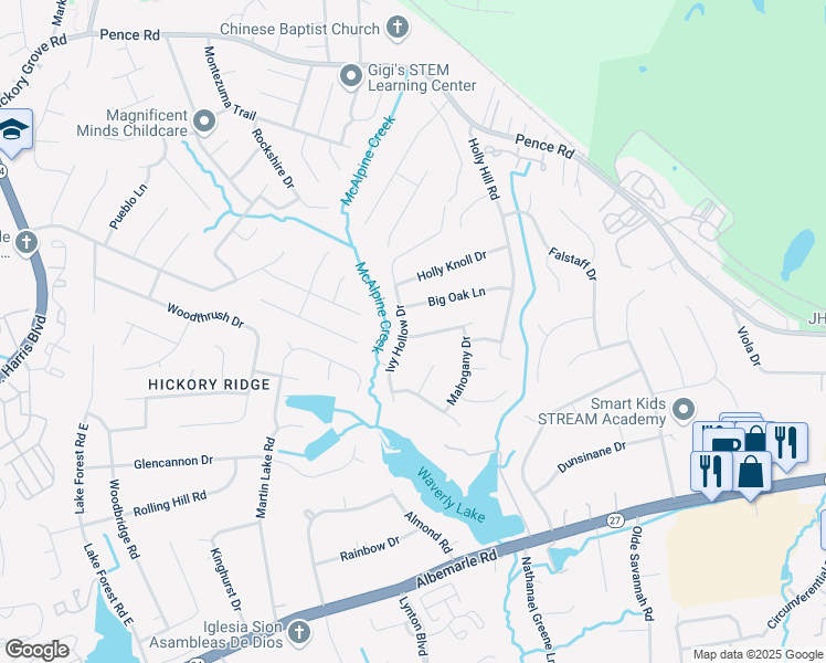map of restaurants, bars, coffee shops, grocery stores, and more near 8104 Stem Court in Charlotte