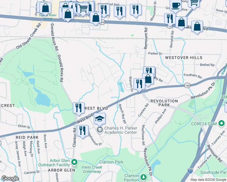 map of restaurants, bars, coffee shops, grocery stores, and more near 1601 Dewberry Trail in Charlotte