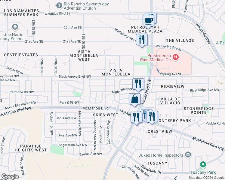 map of restaurants, bars, coffee shops, grocery stores, and more near 5805 Night Whisper Road Northwest in Albuquerque