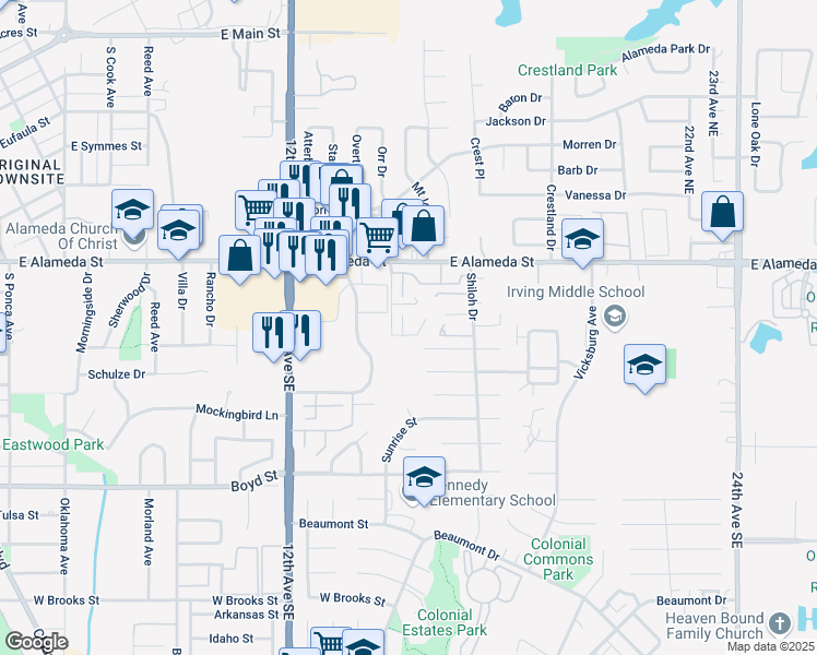 map of restaurants, bars, coffee shops, grocery stores, and more near 217 Jason Drive in Norman