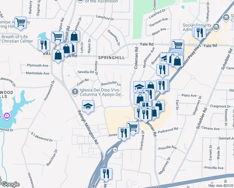 map of restaurants, bars, coffee shops, grocery stores, and more near 3347 Durford Wood Cove in Memphis