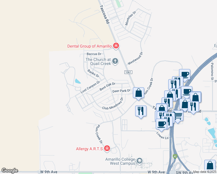 map of restaurants, bars, coffee shops, grocery stores, and more near 6801 Bent Oak Drive in Amarillo