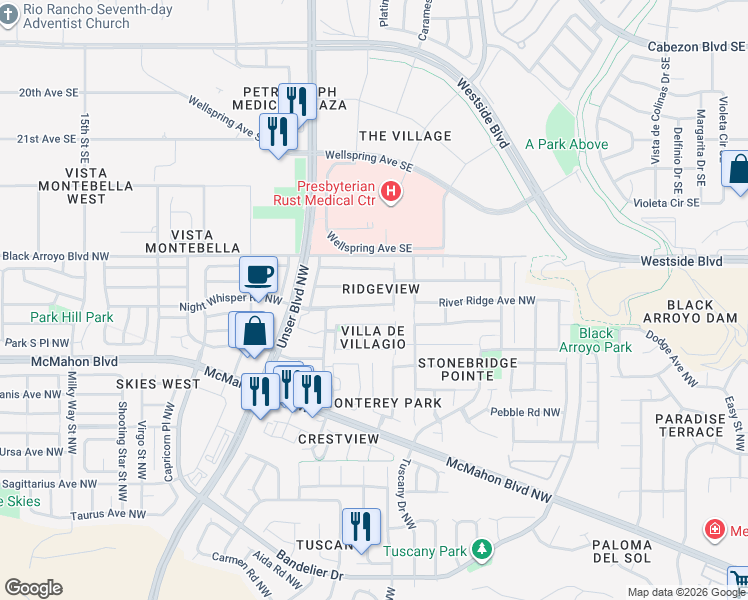 map of restaurants, bars, coffee shops, grocery stores, and more near 5501 Mesa Ridge Road Northwest in Albuquerque