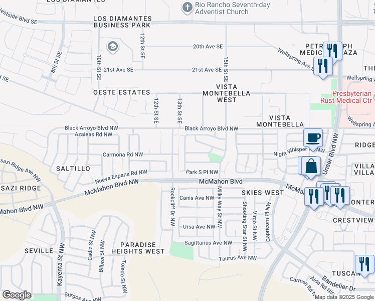 map of restaurants, bars, coffee shops, grocery stores, and more near 11004 Park North Street Northwest in Albuquerque