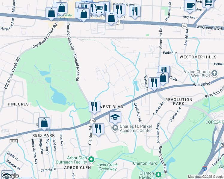 map of restaurants, bars, coffee shops, grocery stores, and more near 2662 Doctor Carver Road in Charlotte