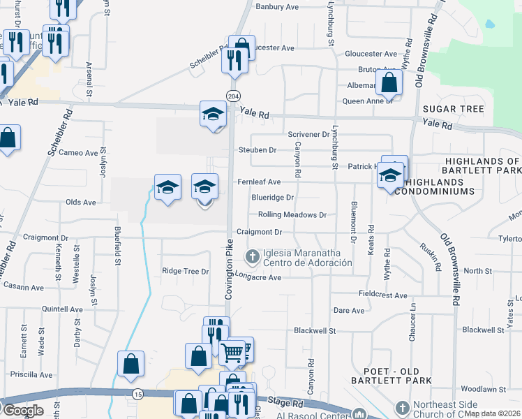 map of restaurants, bars, coffee shops, grocery stores, and more near 5140 Blueridge Drive in Memphis