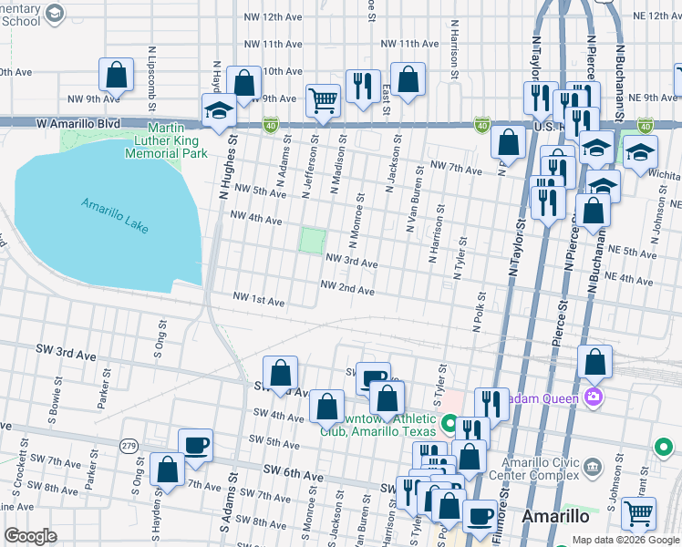 map of restaurants, bars, coffee shops, grocery stores, and more near 600-698 Northwest 3rd Avenue in Amarillo