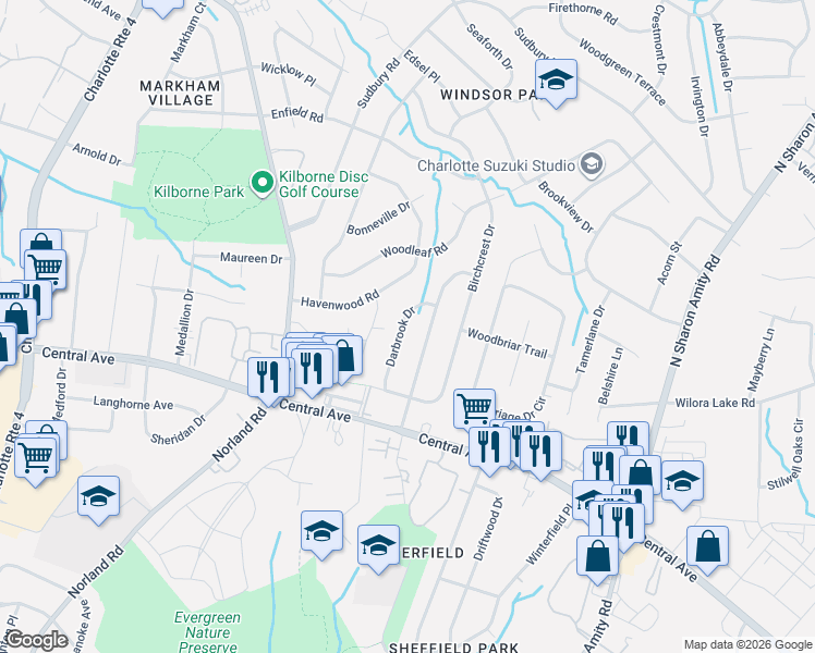 map of restaurants, bars, coffee shops, grocery stores, and more near 1833 Darbrook Drive in Charlotte