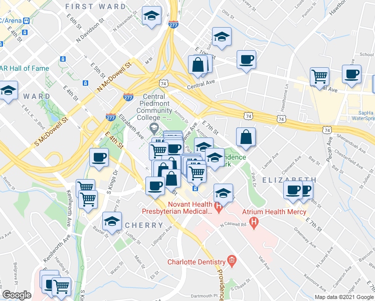 map of restaurants, bars, coffee shops, grocery stores, and more near 1401 Park Drive in Charlotte