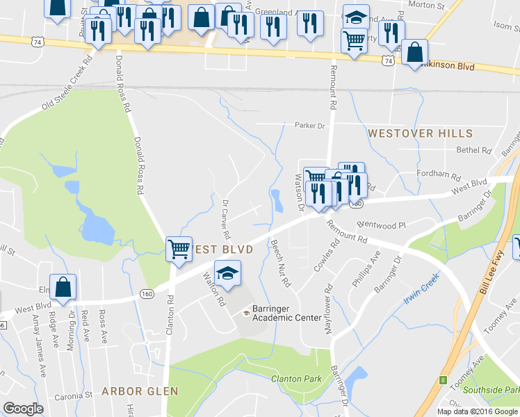 map of restaurants, bars, coffee shops, grocery stores, and more near 3003 Beeler Lane in Charlotte