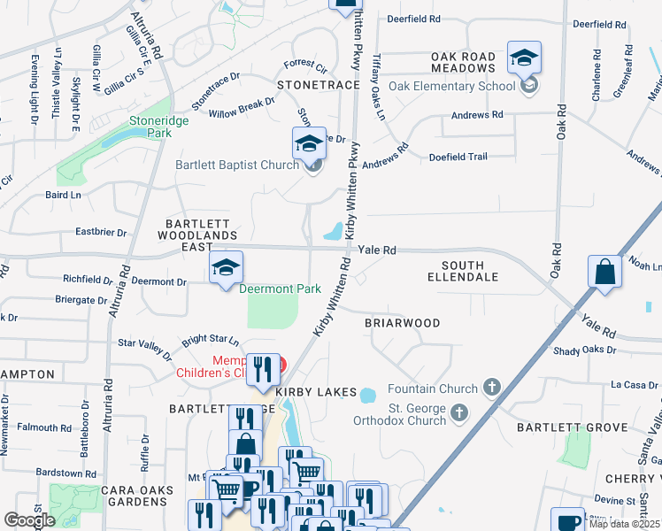 map of restaurants, bars, coffee shops, grocery stores, and more near 3345 Kirby Whitten Road in Bartlett