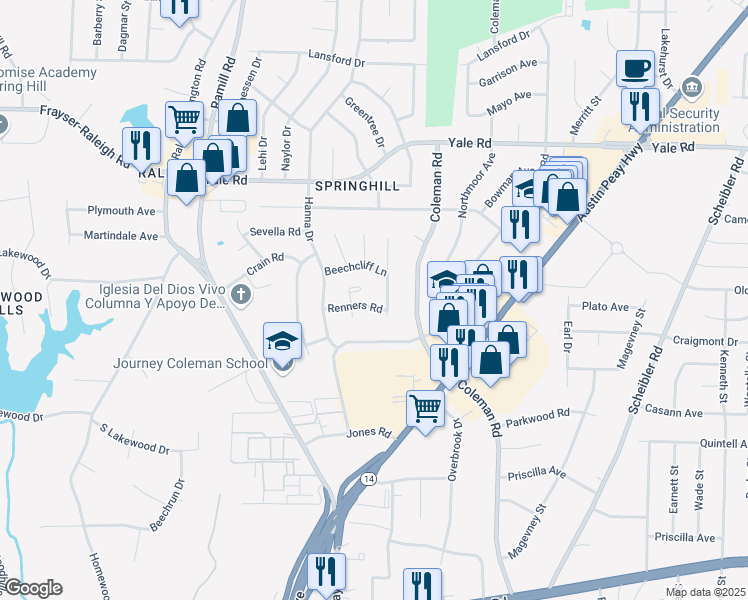 map of restaurants, bars, coffee shops, grocery stores, and more near 3347 Durford Wood Cove in Memphis