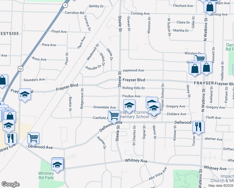 map of restaurants, bars, coffee shops, grocery stores, and more near 1473 Rolling Hills Drive in Memphis