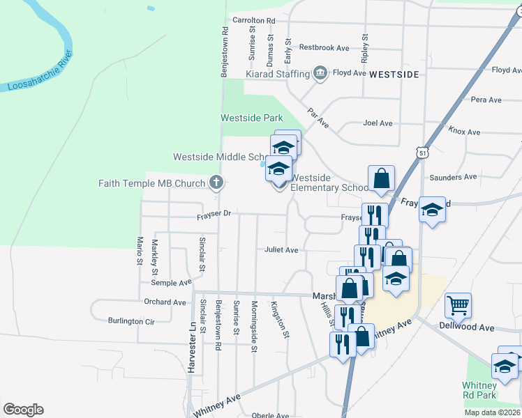 map of restaurants, bars, coffee shops, grocery stores, and more near 752 Frayser Drive in Memphis
