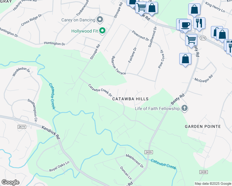 map of restaurants, bars, coffee shops, grocery stores, and more near 3801 Quill Court in Gastonia
