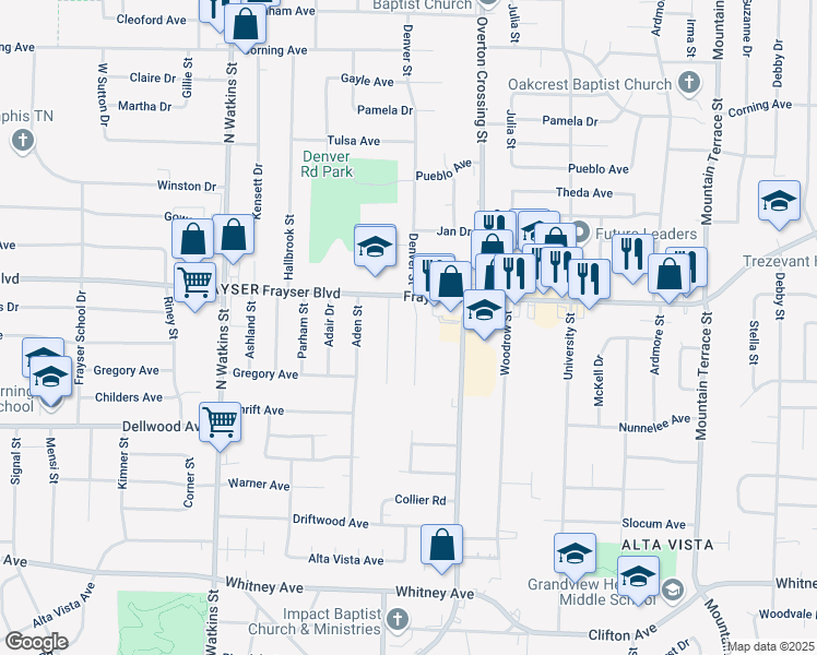 map of restaurants, bars, coffee shops, grocery stores, and more near 2049 Frayser Boulevard in Memphis