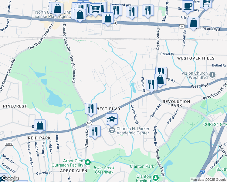 map of restaurants, bars, coffee shops, grocery stores, and more near 2621 Doctor Carver Road in Charlotte