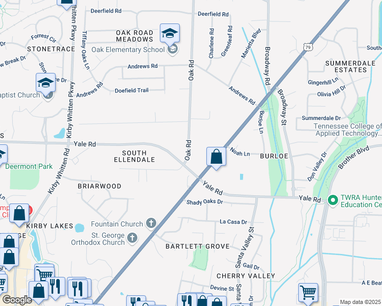 map of restaurants, bars, coffee shops, grocery stores, and more near 3334 Oak Road in Memphis