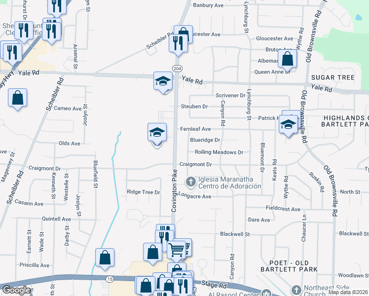 map of restaurants, bars, coffee shops, grocery stores, and more near 3345 Gatewood Drive in Memphis