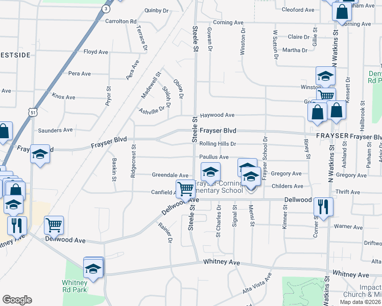 map of restaurants, bars, coffee shops, grocery stores, and more near 1473 Rolling Hills Drive in Memphis