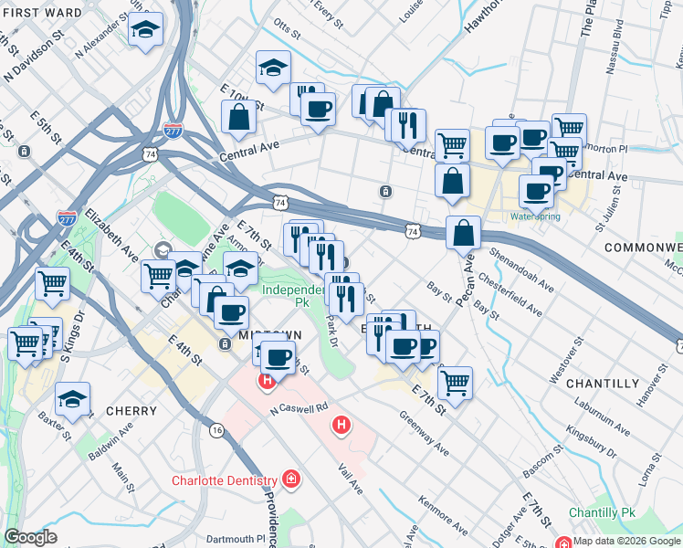 map of restaurants, bars, coffee shops, grocery stores, and more near in Charlotte
