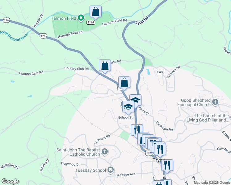 map of restaurants, bars, coffee shops, grocery stores, and more near 241 Hidden Hill Road in Tryon