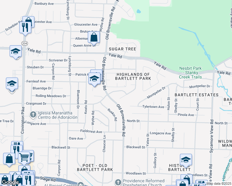 map of restaurants, bars, coffee shops, grocery stores, and more near 5451 Craigmont Drive in Bartlett