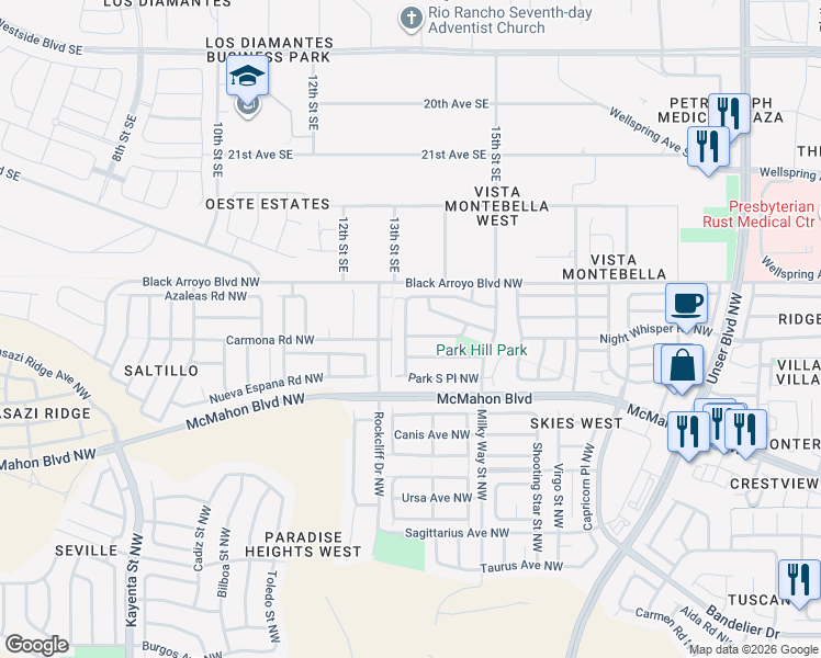 map of restaurants, bars, coffee shops, grocery stores, and more near 11008 Park North Street Northwest in Albuquerque