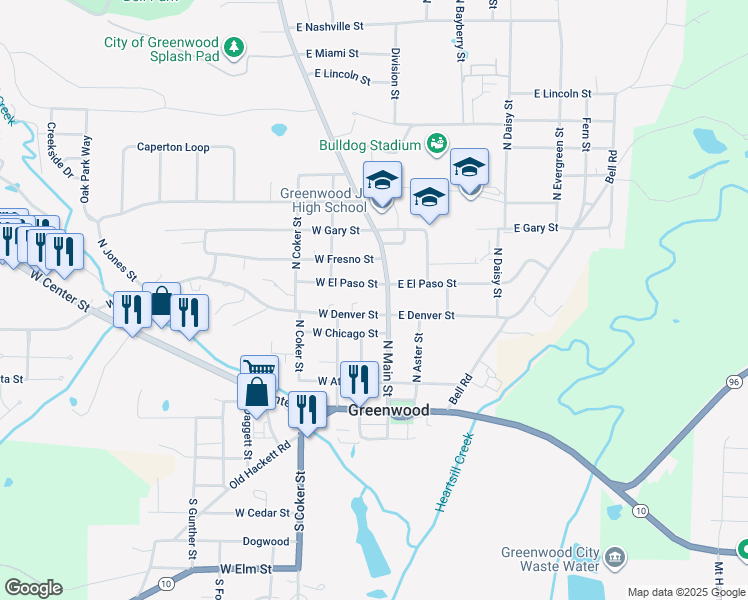 map of restaurants, bars, coffee shops, grocery stores, and more near 201 North Main Street in Greenwood
