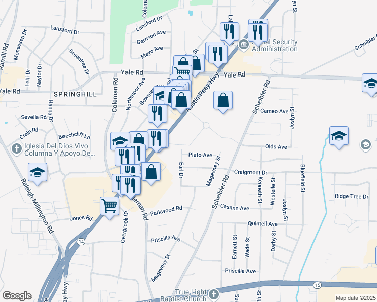 map of restaurants, bars, coffee shops, grocery stores, and more near 3329 Earl Drive in Memphis