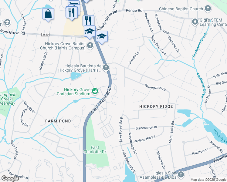 map of restaurants, bars, coffee shops, grocery stores, and more near in Charlotte