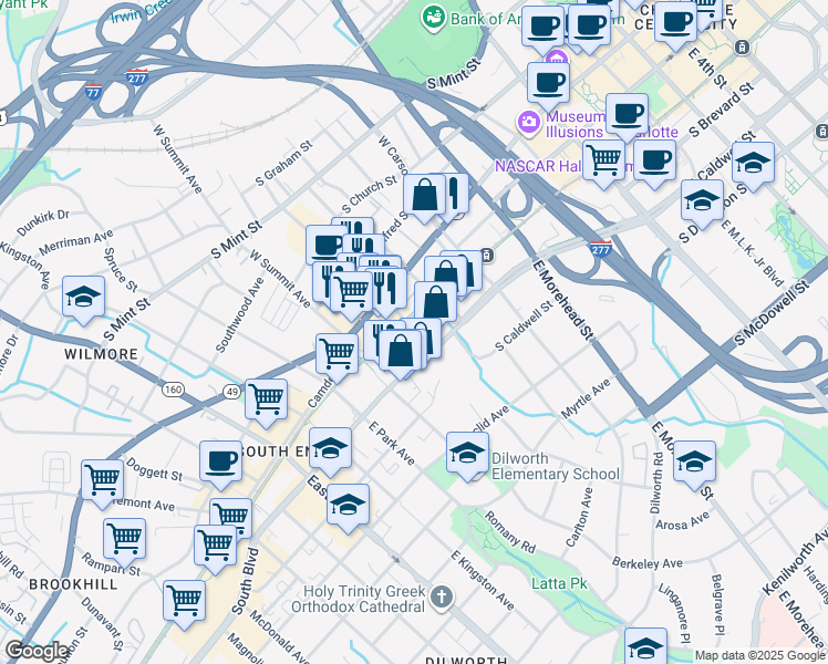 map of restaurants, bars, coffee shops, grocery stores, and more near East Bland Street in Charlotte