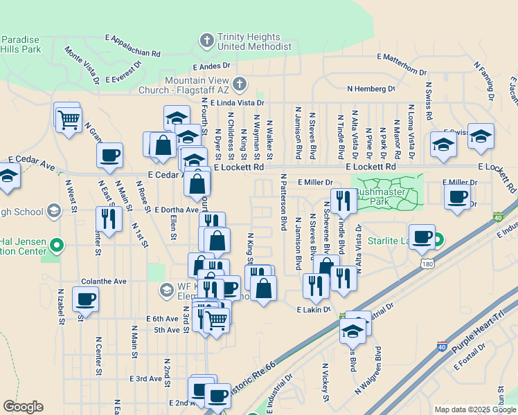 map of restaurants, bars, coffee shops, grocery stores, and more near 2526 East Eva Loop in Flagstaff