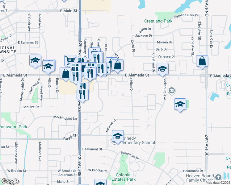 map of restaurants, bars, coffee shops, grocery stores, and more near 1410 Bill Carrol Drive in Norman